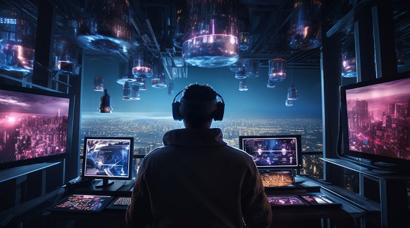 A man wearing headphones sits in front of three monitors, engrossed in his work.
